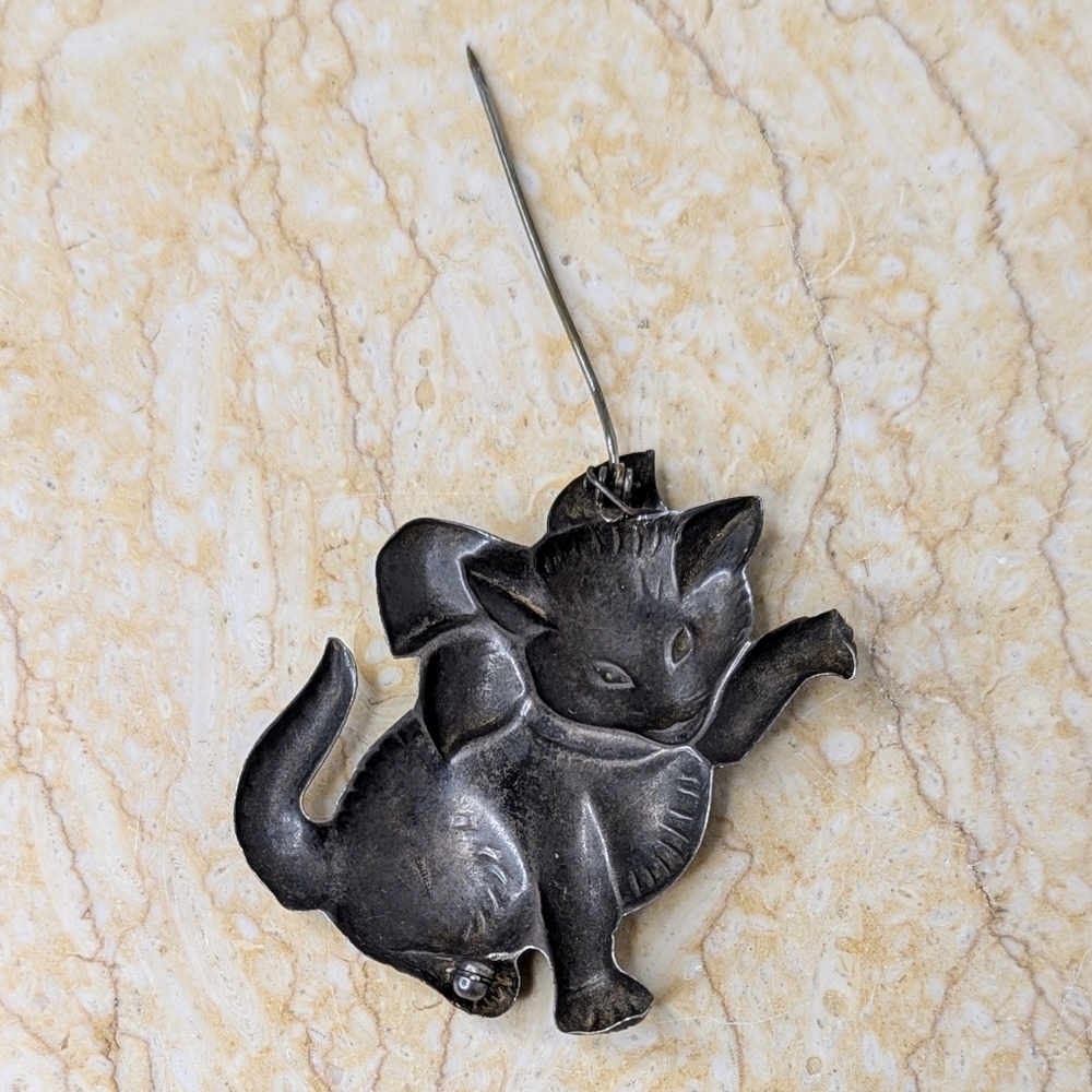 Vintage Pressed Sterling Silver Blue Ribbon Gold Eyes 1950's Kitten Cat Brooch - Picture 8 of 11